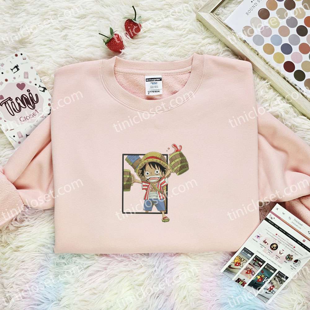 Luffy Chibi Drinking One Piece Anime Embroidered Shirt