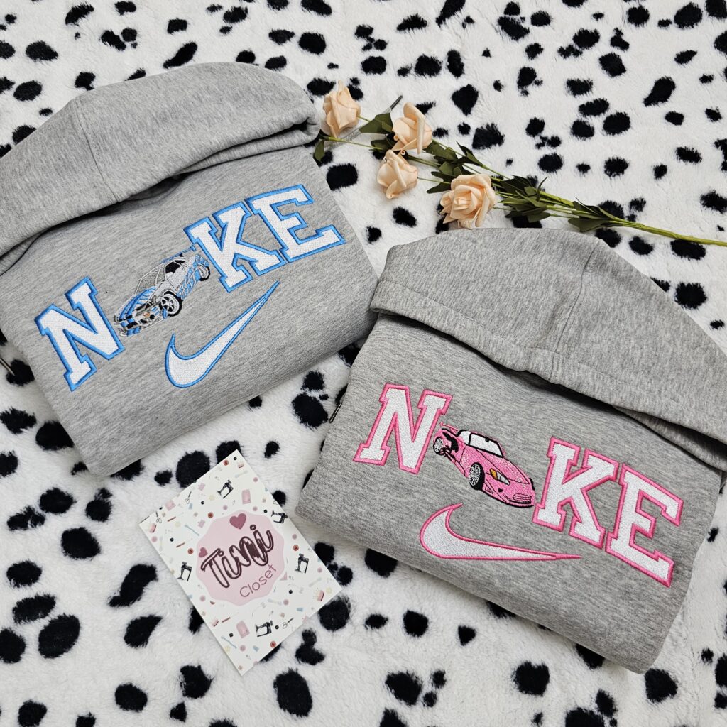 Blue And Pink Sport Cars Embroidered Couple Shirts