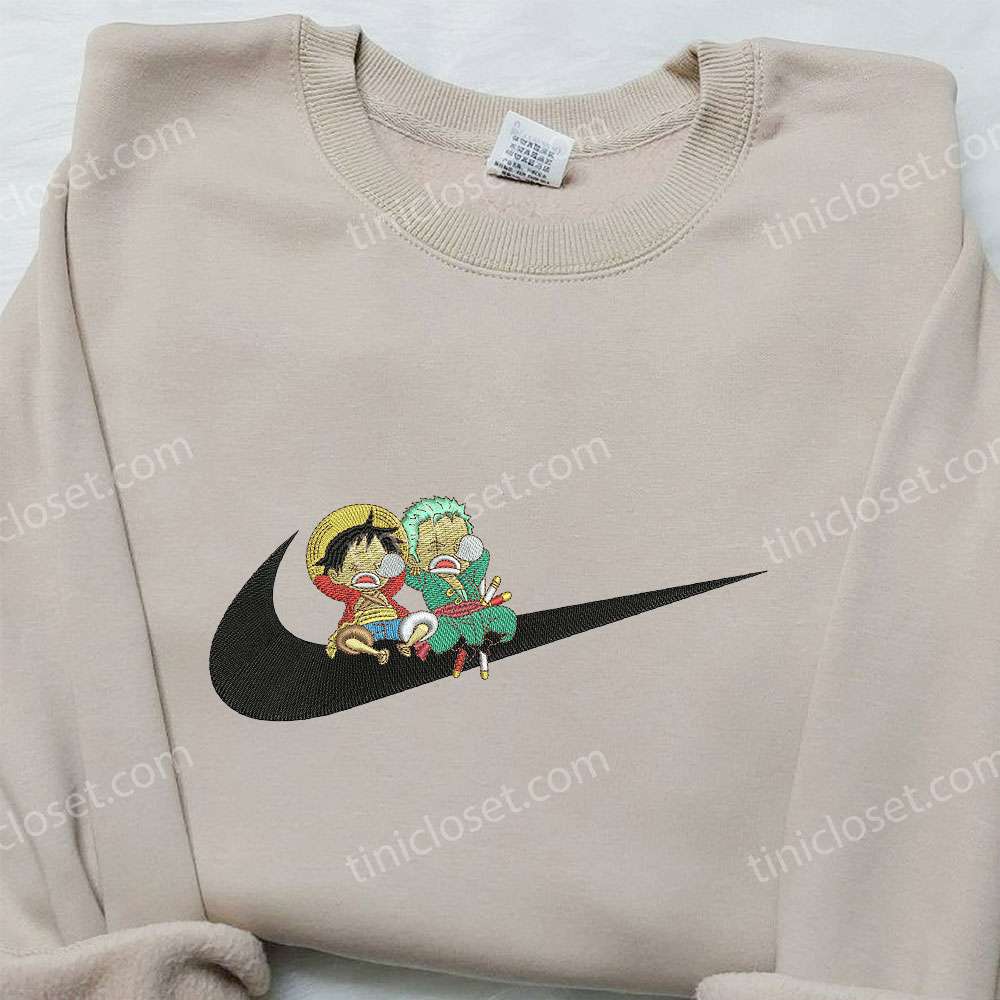 Luffy and Zoro x Nike Embroidered Hoodie One Piece Embroidered Shirt Nike Inspired Embroidered Shirt 1